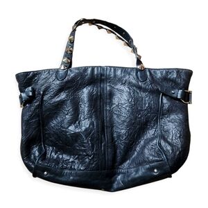 Be & D Tote Bag Black Wrinkly Ruffle Leather Silver Studs On Straps Distressed